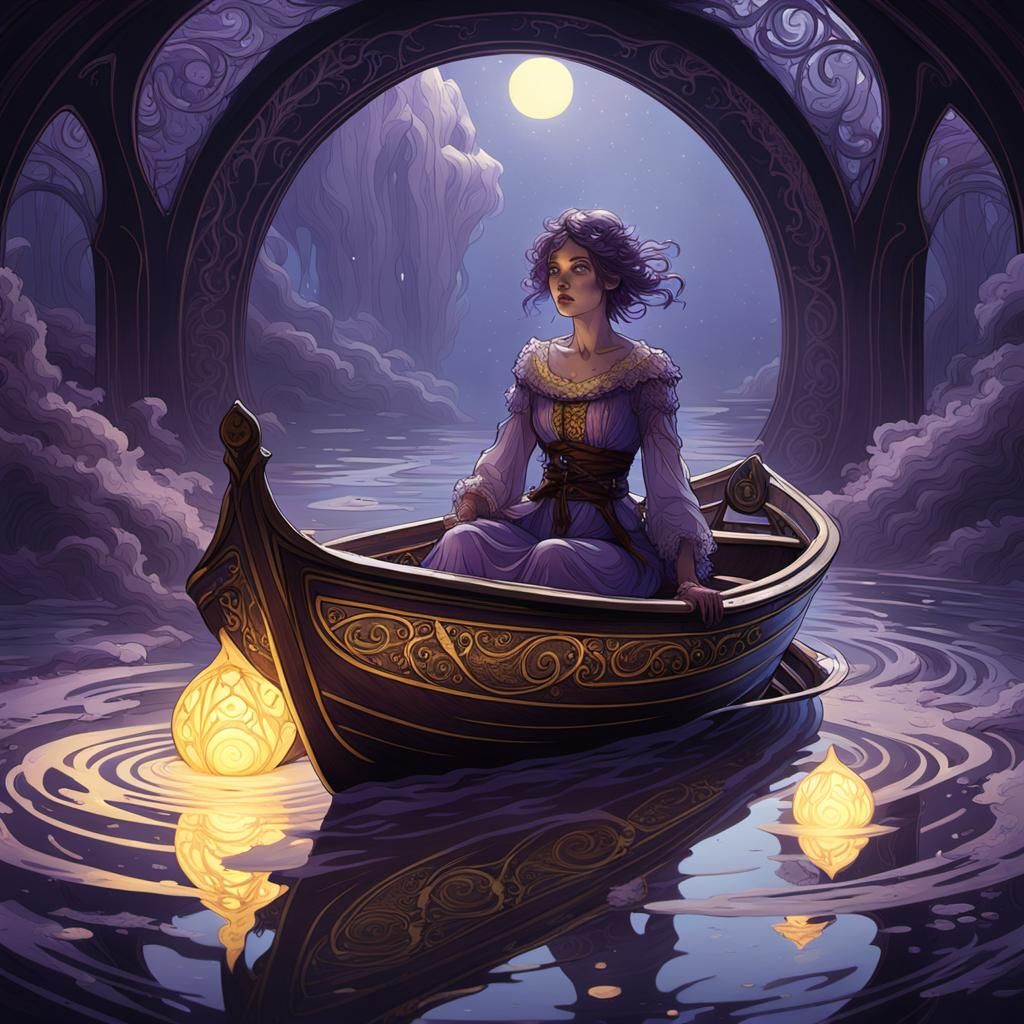 Ethereal Baby in Boat: Dark Fantasy Art Nouveau