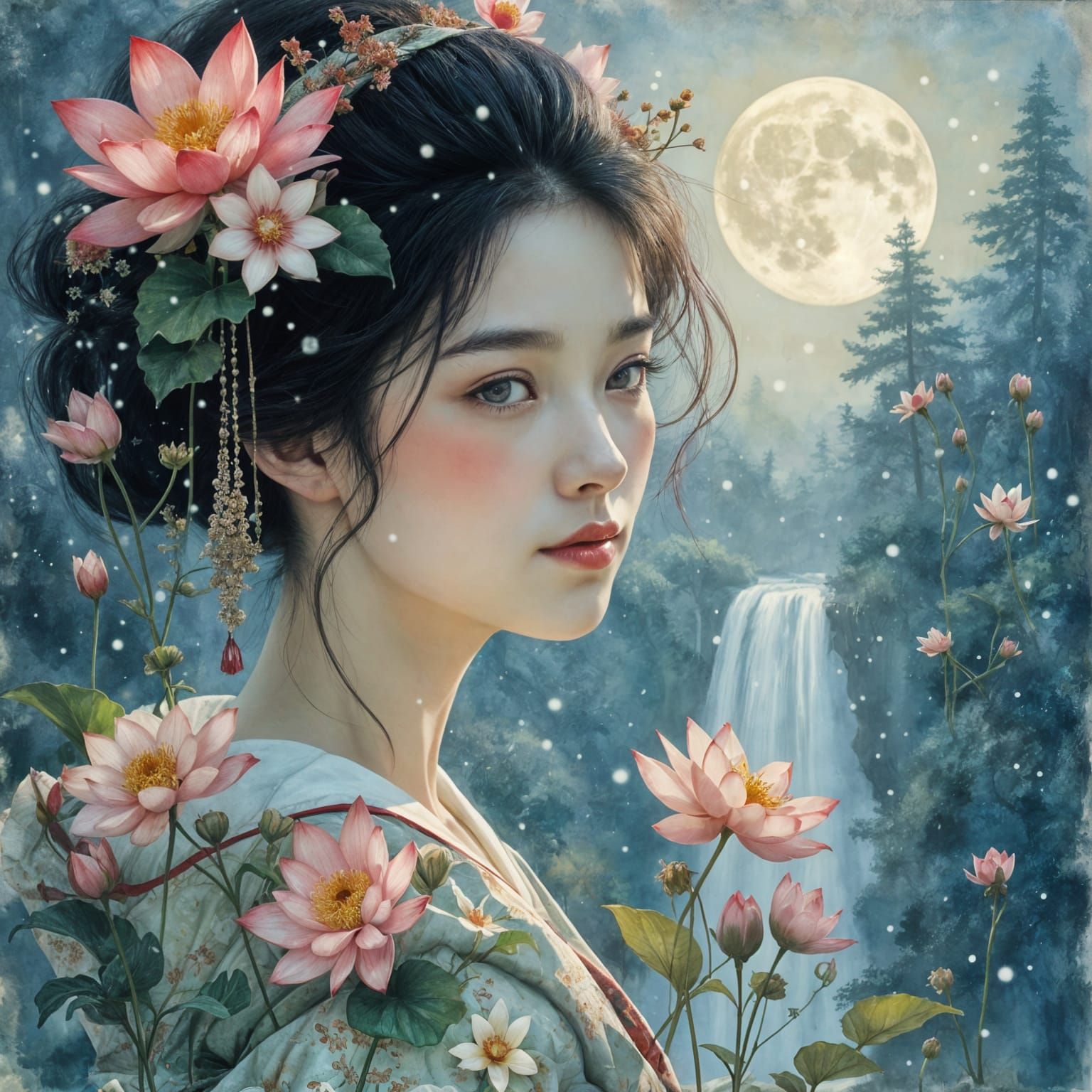 Geisha in Moonlit Dreamscape with Flowers