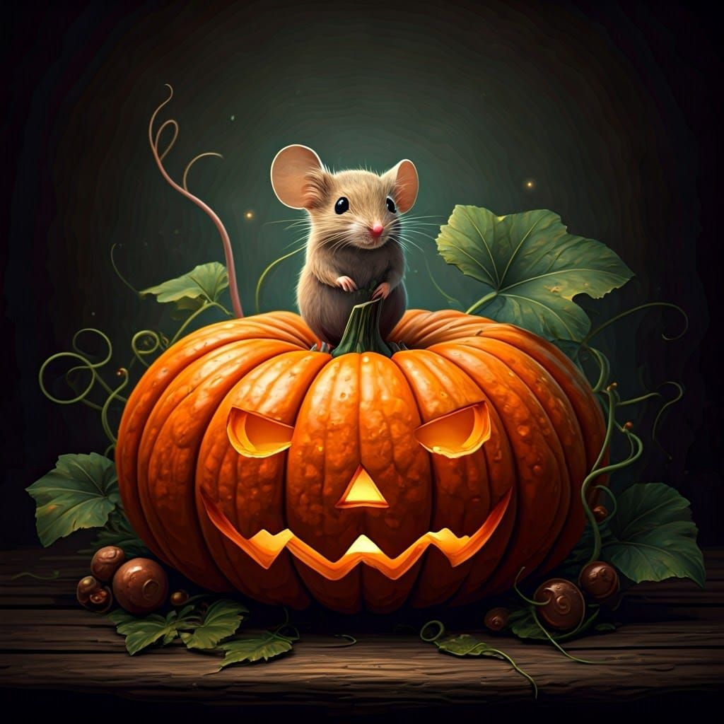 Mouse on Ornate Pumpkin in Fantasy Art Style