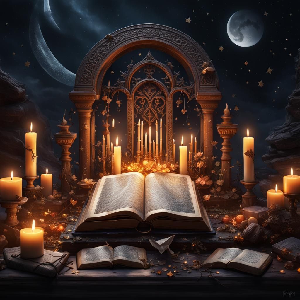 Mystical Moonlit Altar with Ancient Spells