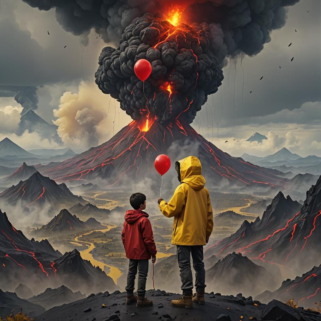 Boy with Red Balloon and Smokey Volcano