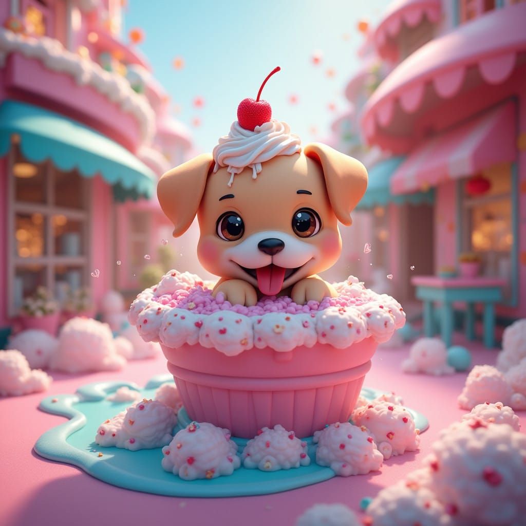 Surreal Puppy Surrounded by Swirling Milkshake and Fantastic...