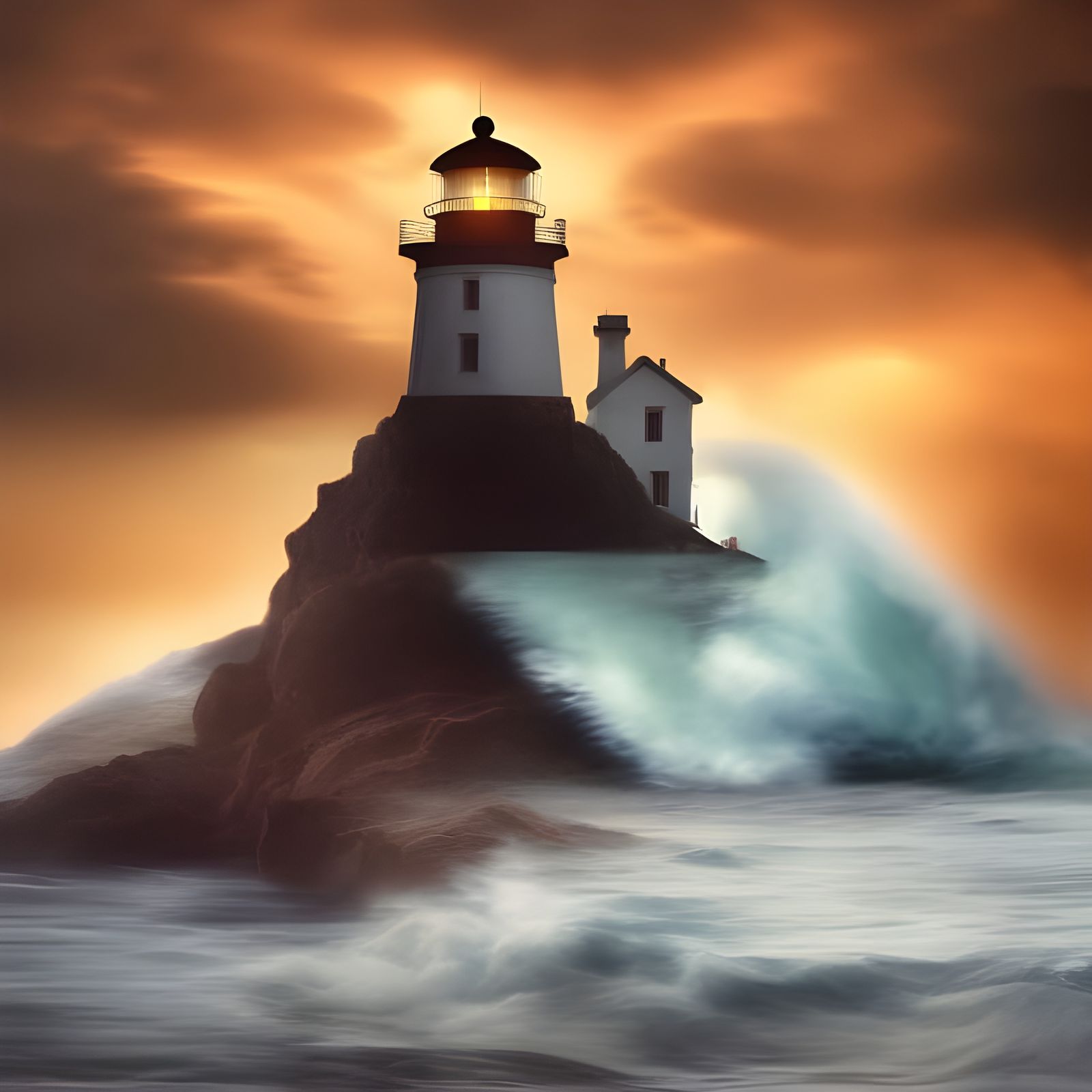 Stormy Dusk: Lighthouse Rock in Detailed Matte Painting
