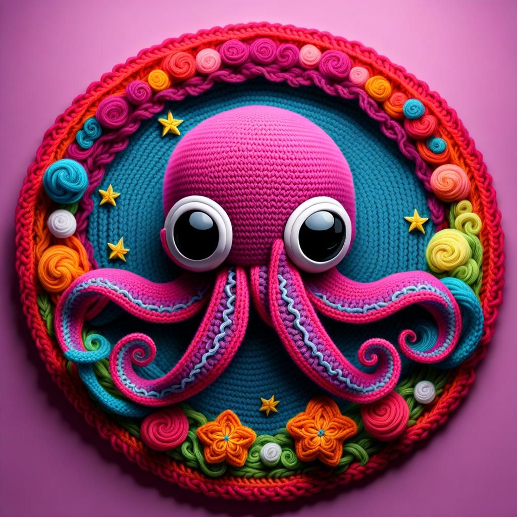 3D Knitted Cosmic Octopus in Digital Oil Painting Style
