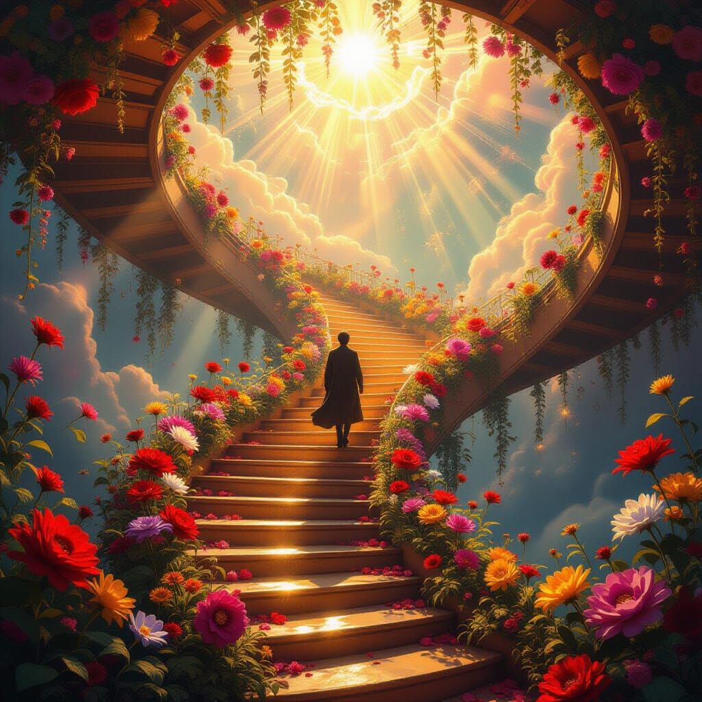 Glowing Staircase Ascends Through Dreamscape with Flowers