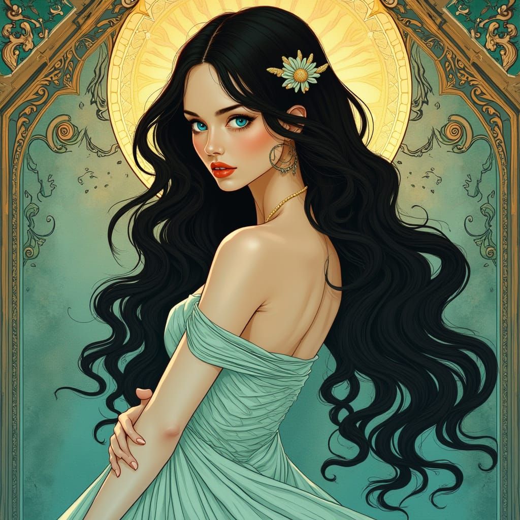 Art Nouveau Woman with Long Dark Hair in Turquoise and White