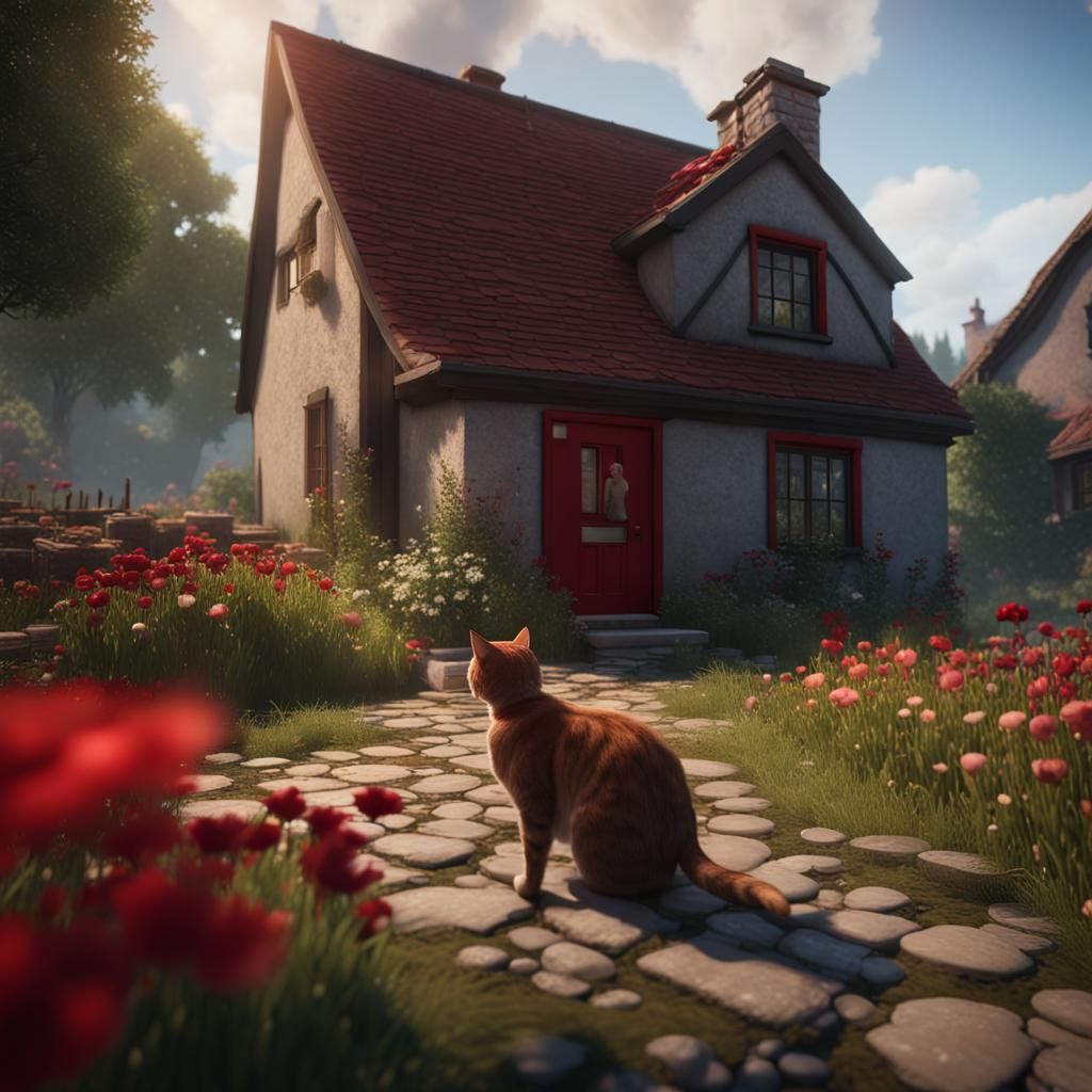 Charming House with Red Door, 3D Game Art