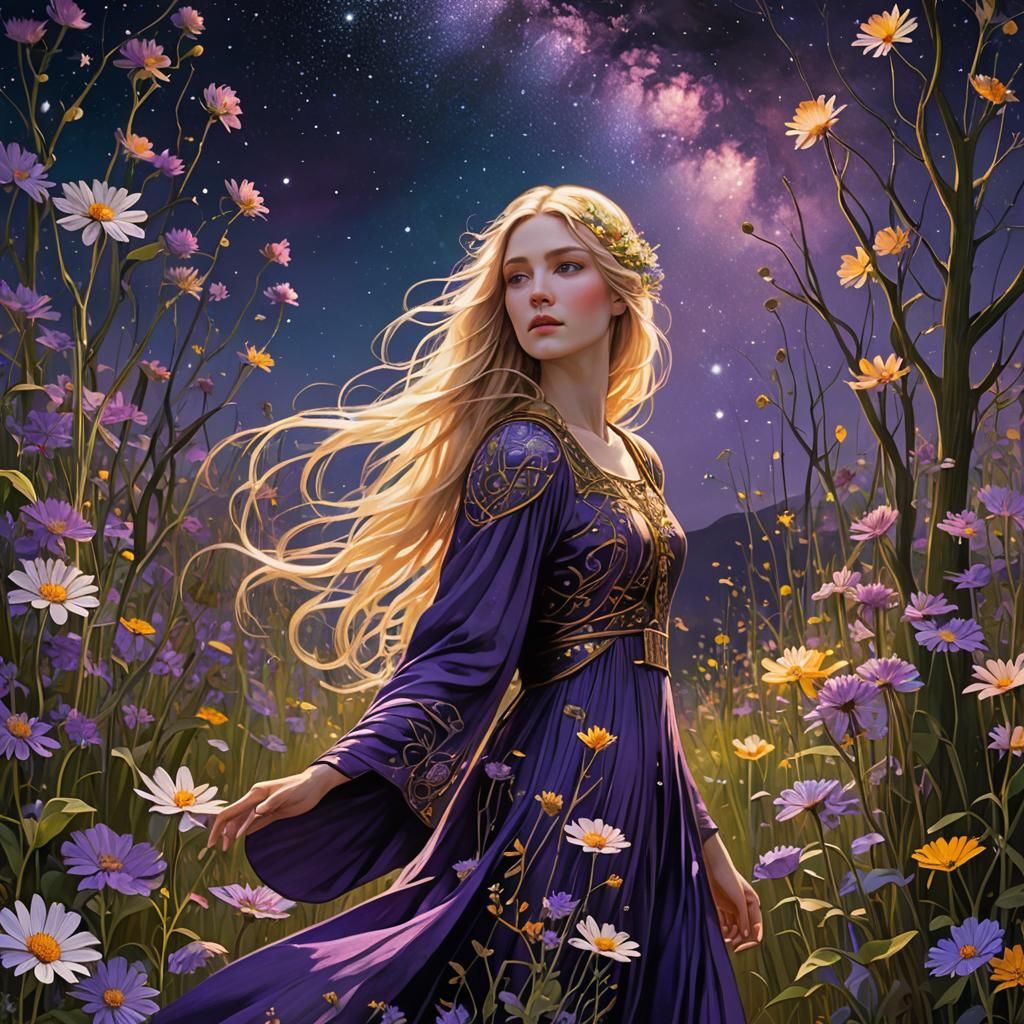 Girl among Wildflowers at Night in Cosmic Illustration