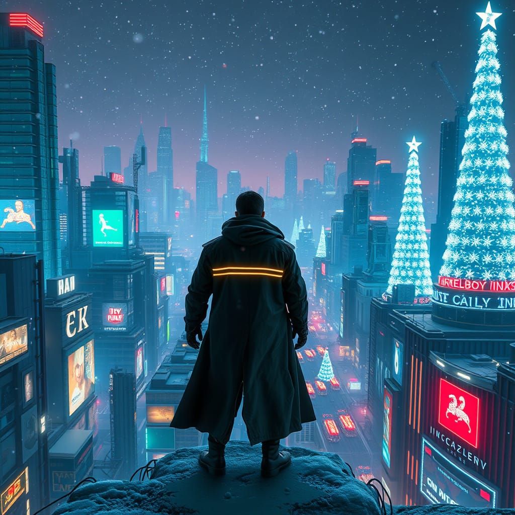 Ethereal Cyborg Stands Amidst Dystopian Christmas Wonderland