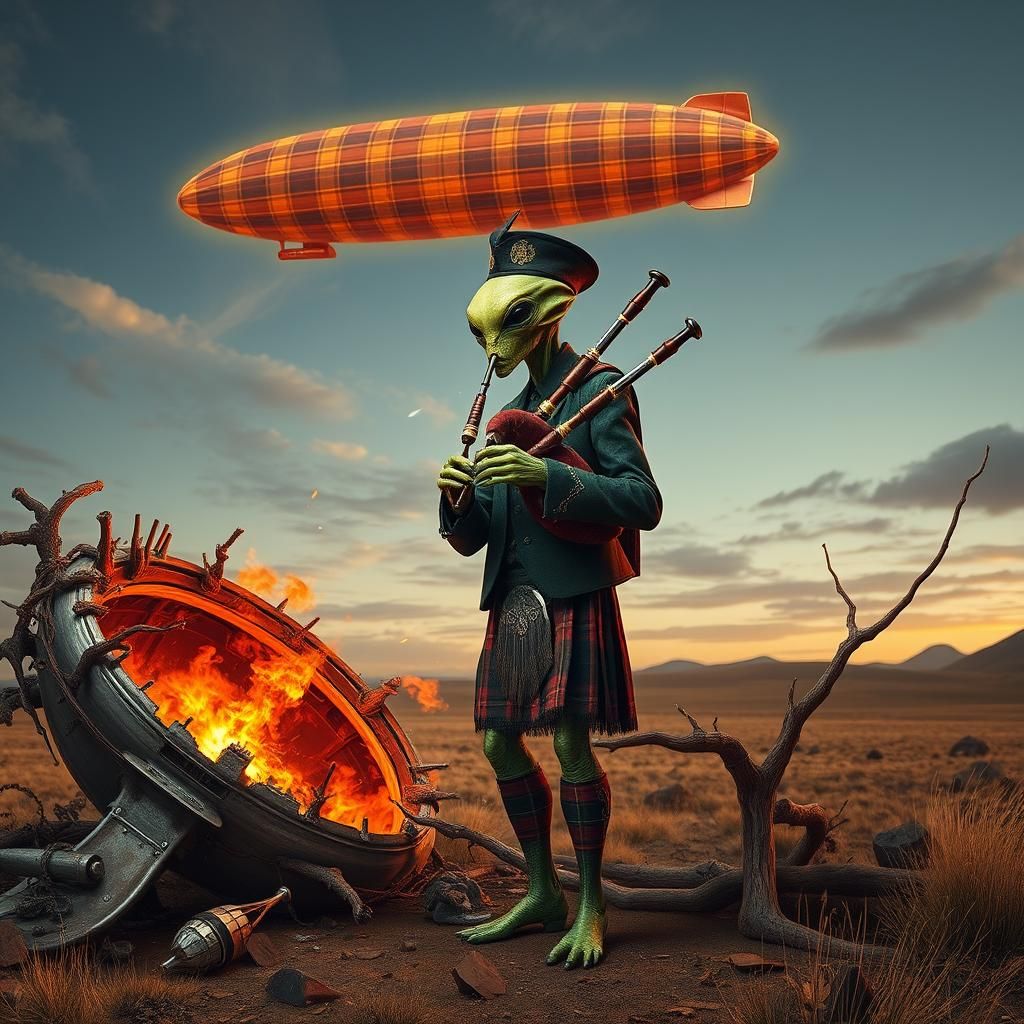 Alien Bagpiper at Spaceship Crash Site