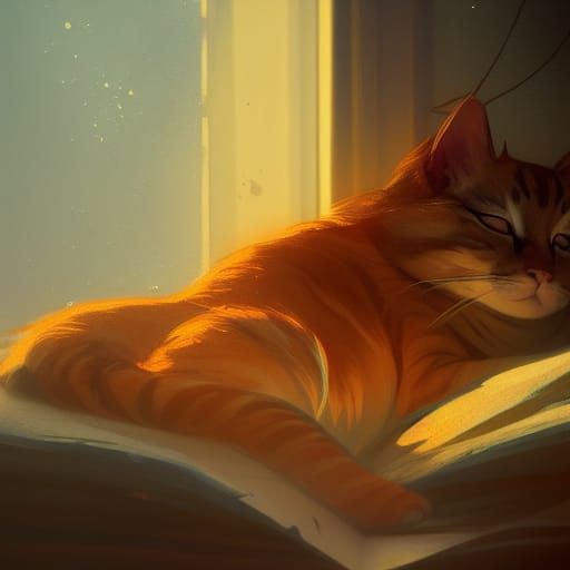 Cute Cat Sleeping in Golden Light, Detailed Art