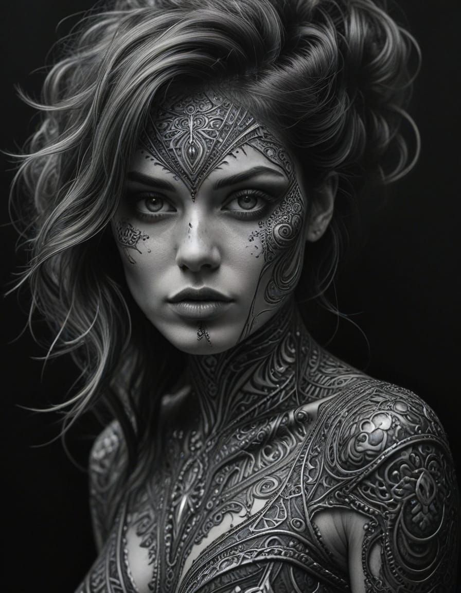 Hyperdetailed Charcoal Drawing of Silver and Black