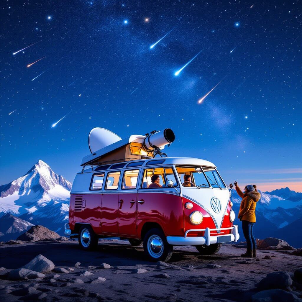 Retro VW Van Observatory Under Starry Mountain Sky