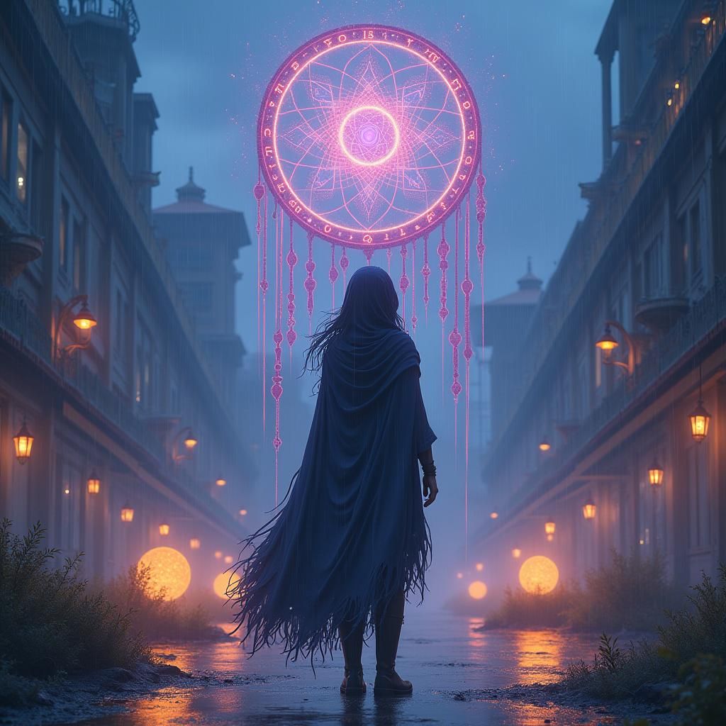 Mystical Cityscape Dreamcatcher in Rain, Digital Art