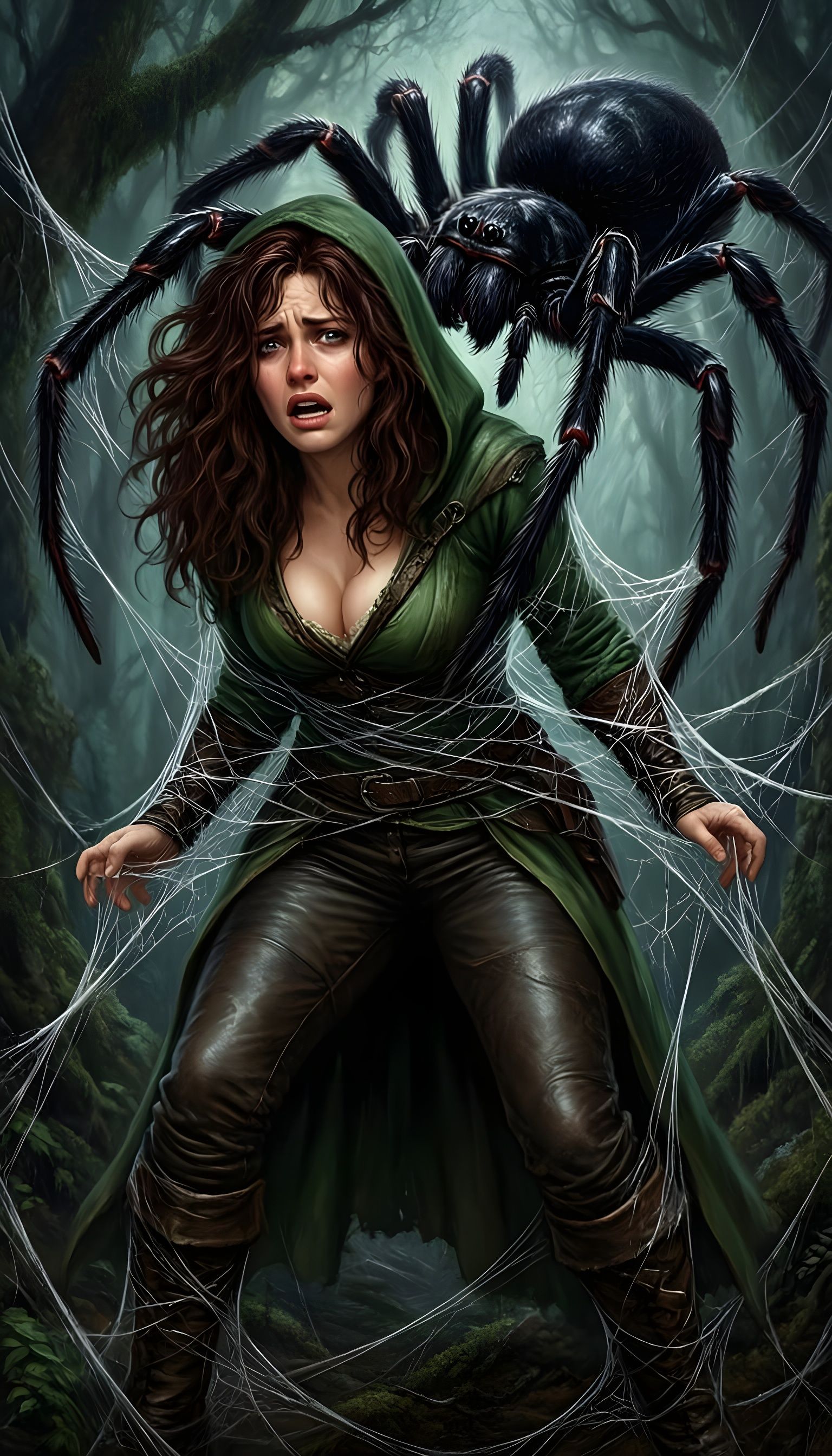 Sensual Rogue Attacked by Giant Spider in Dark Forest