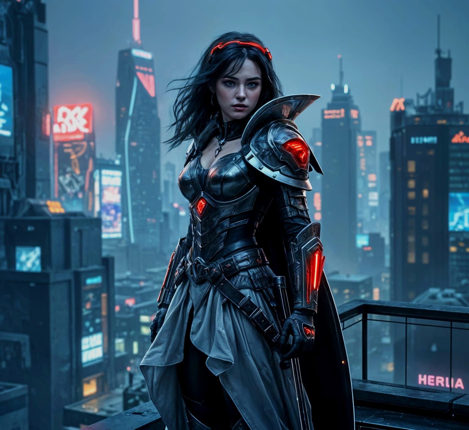 Cyberpunk SnowWhite on Dark Neon Rooftop in Hyperrealistic S...