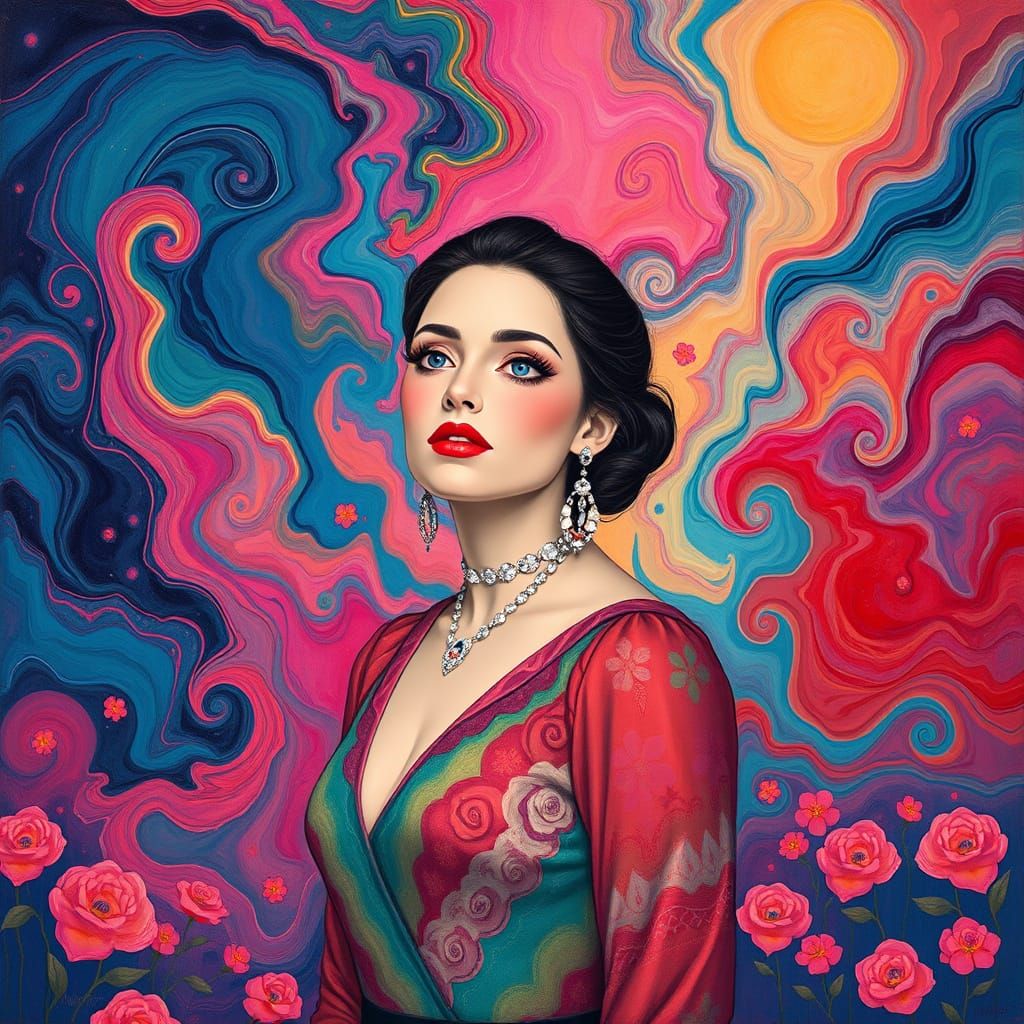 Elegant Woman in Gouache Patterns, Dreamy Candyland