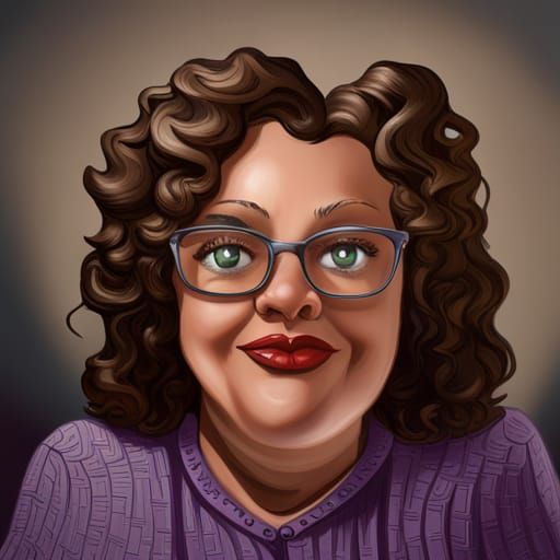 A woman with curly hair wearing glasses, hazel green eyes, caricature, cartoon, ultra-realistic