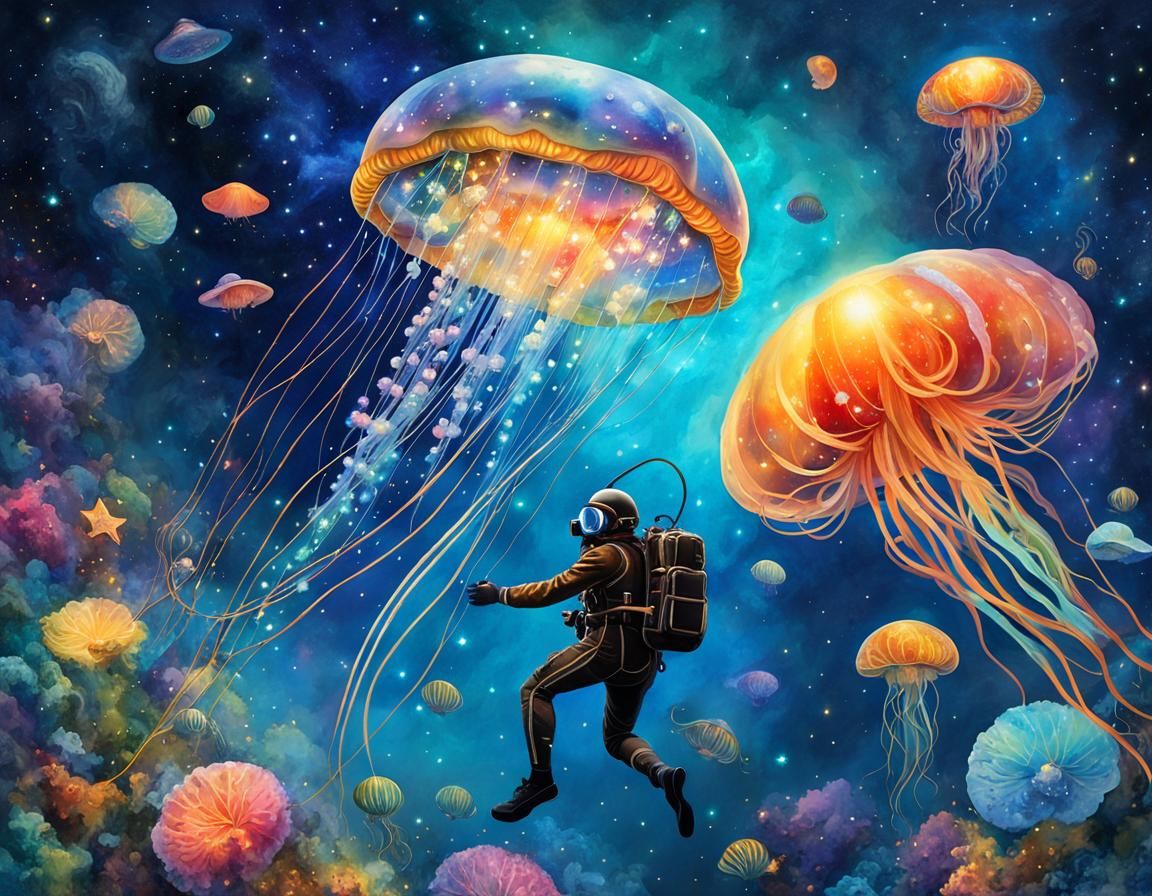 Jellyfish and Scuba Diver in Space, Fantasy Art