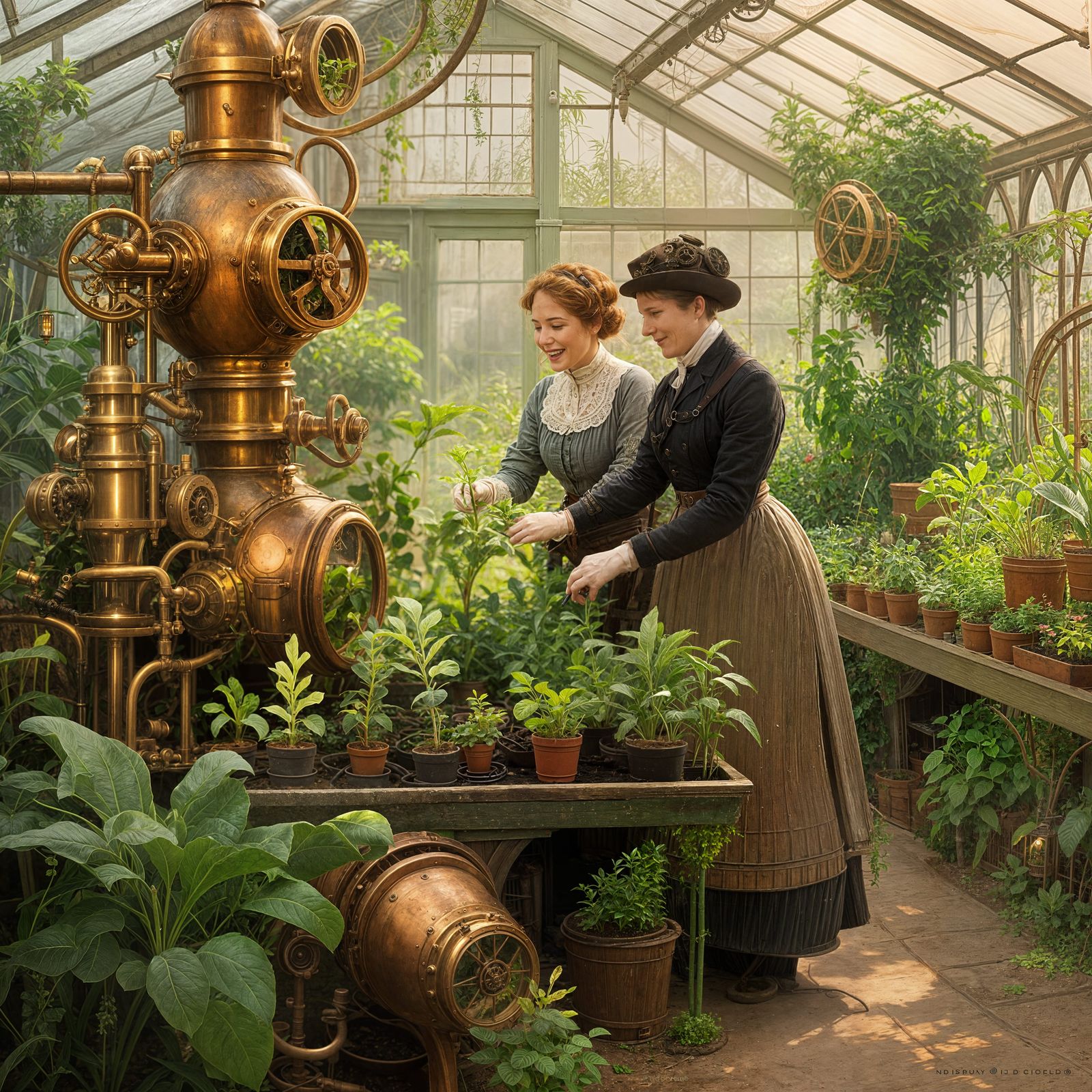 Steampunk Greenhouse with Plants and Gardeners