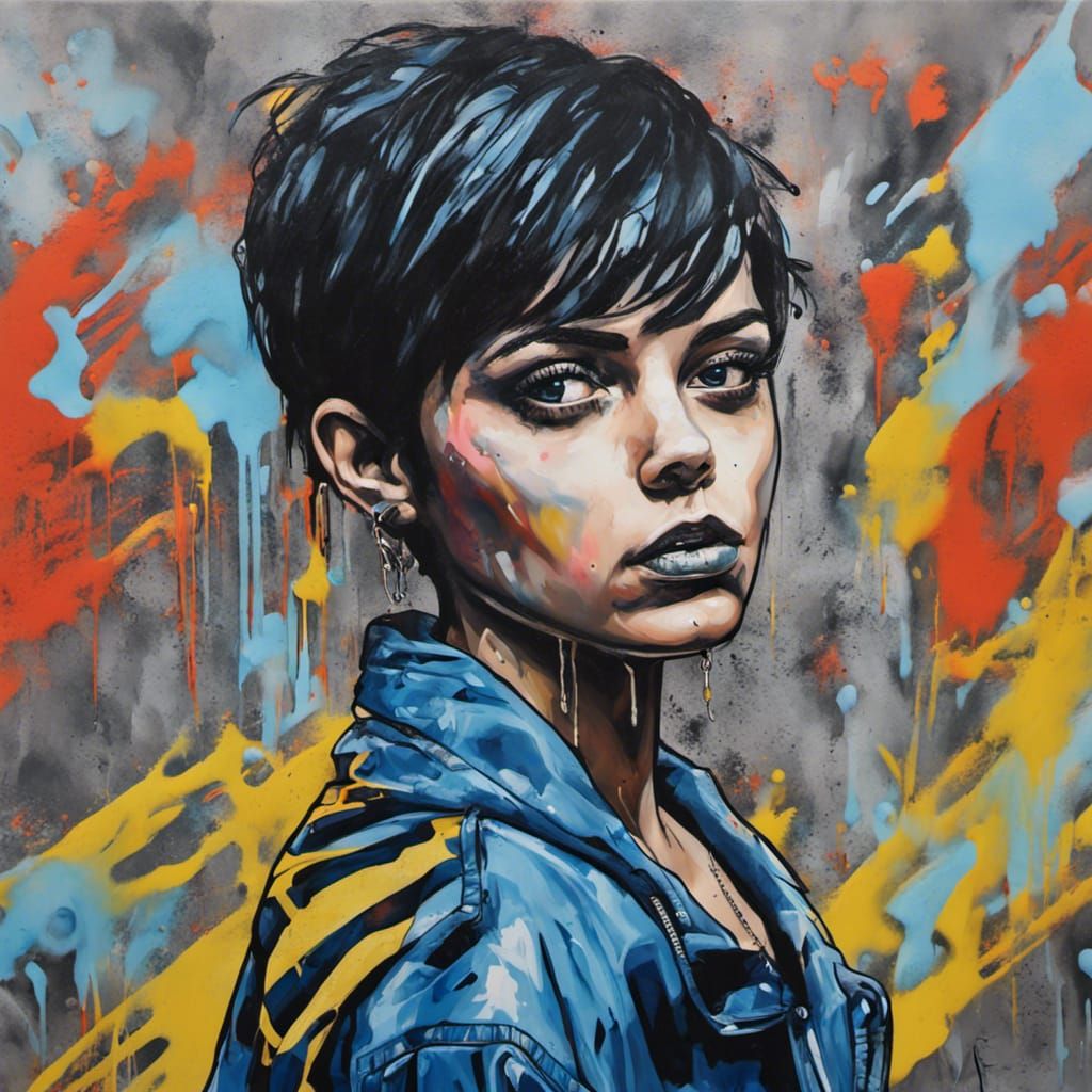 Colorful Graffiti Art Portrait of Girl in Blue Jacket