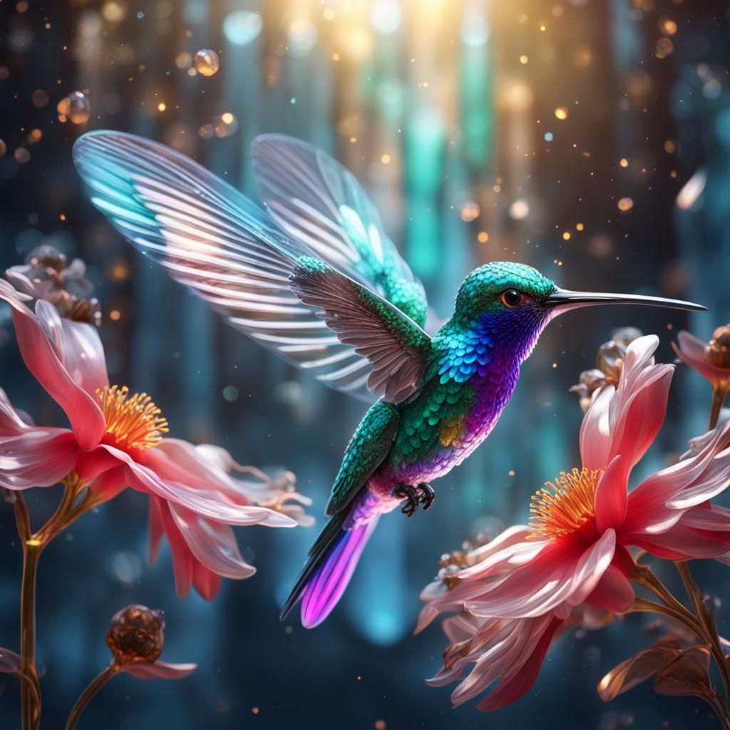 Glass Hummingbird with Crystal Flower: Digital Art