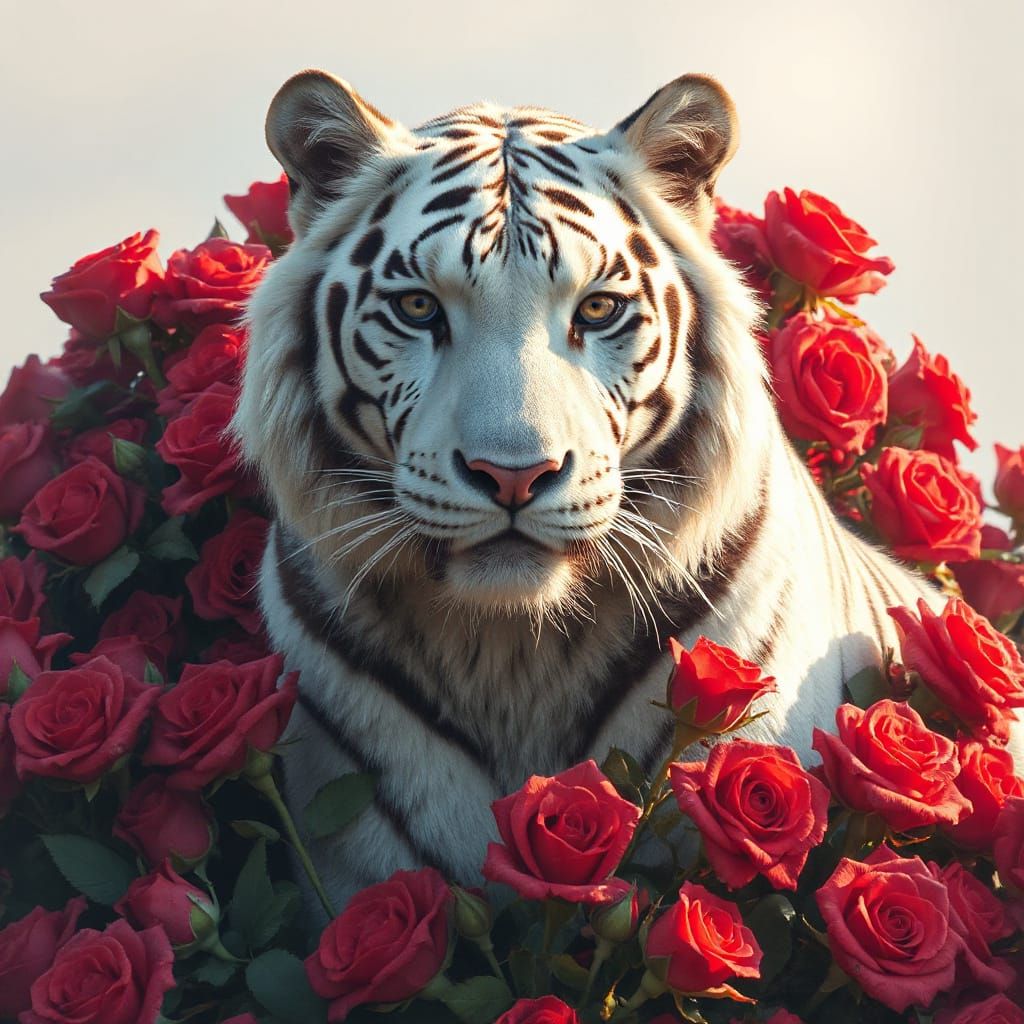 Majestic White Tiger in Mountain of Roses