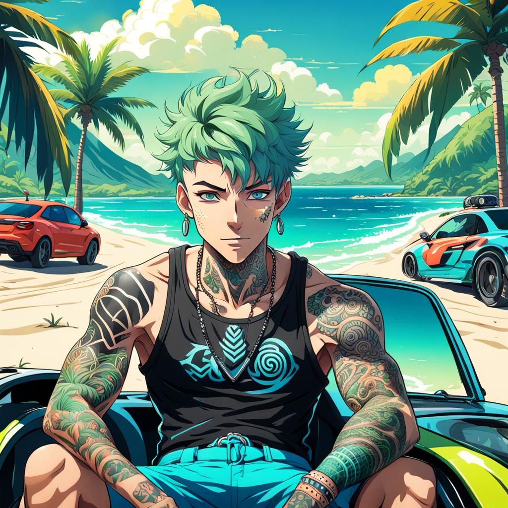 Anime Boy with Maori Tattoos on Tropical Race Track