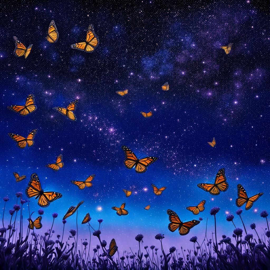 Celestial Monarch Butterflies in Surreal Starry Sky