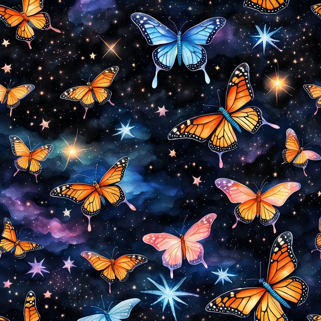 Monarch Butterflies Soaring Among Stars in Watercolor