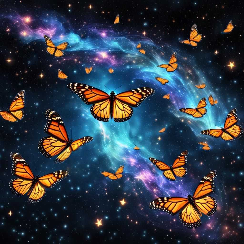Monarch Butterflies in Cosmic Dance: Digital Painting