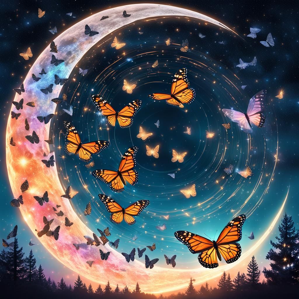 Monarch Butterflies Soaring Through Starry Cosmic Dreamscape