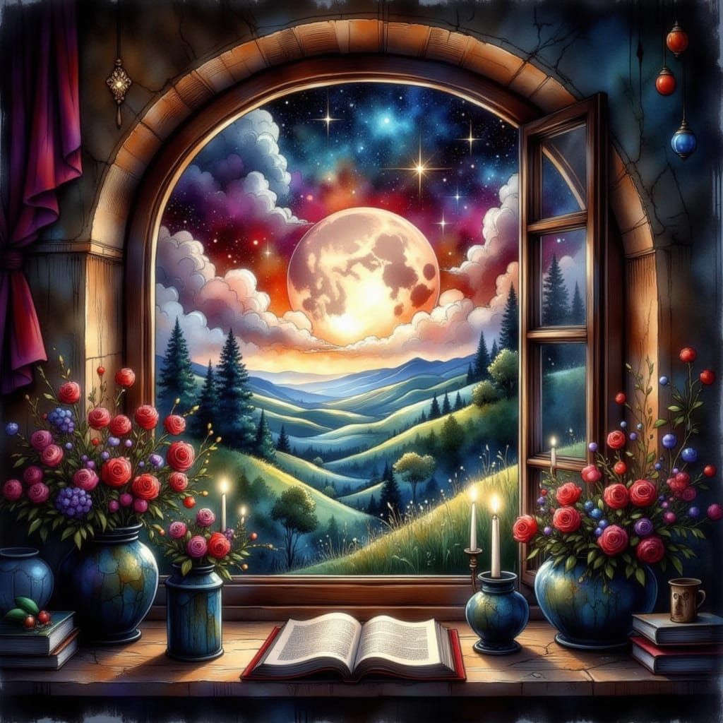 Whimsical Nighttime Valley Scene in Watercolor and Gouache S...