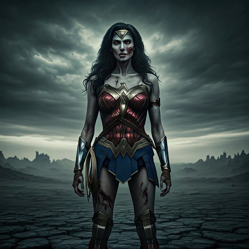 Zombie Wonder Woman in Post-Apocalyptic Landscape