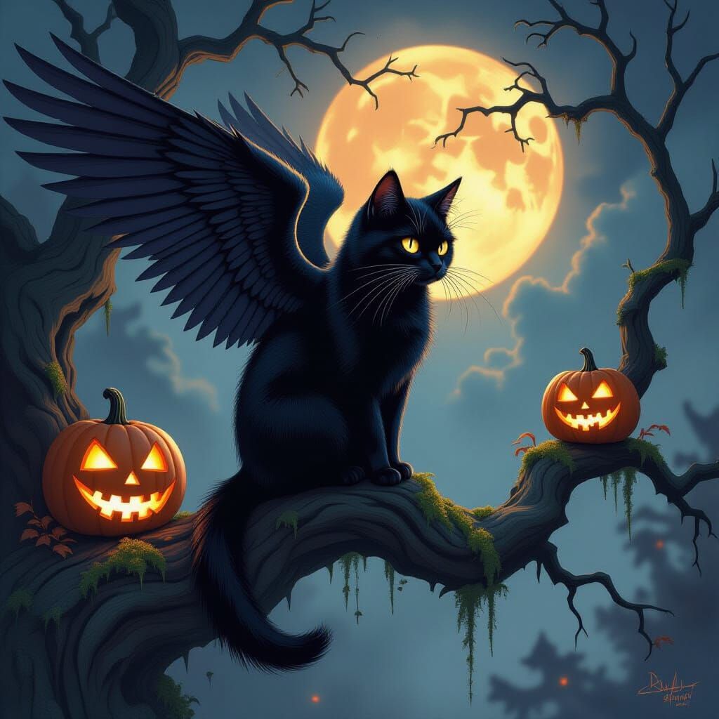 Winged Black Cat on Gnarled Branch with Jack-o'-Lanterns