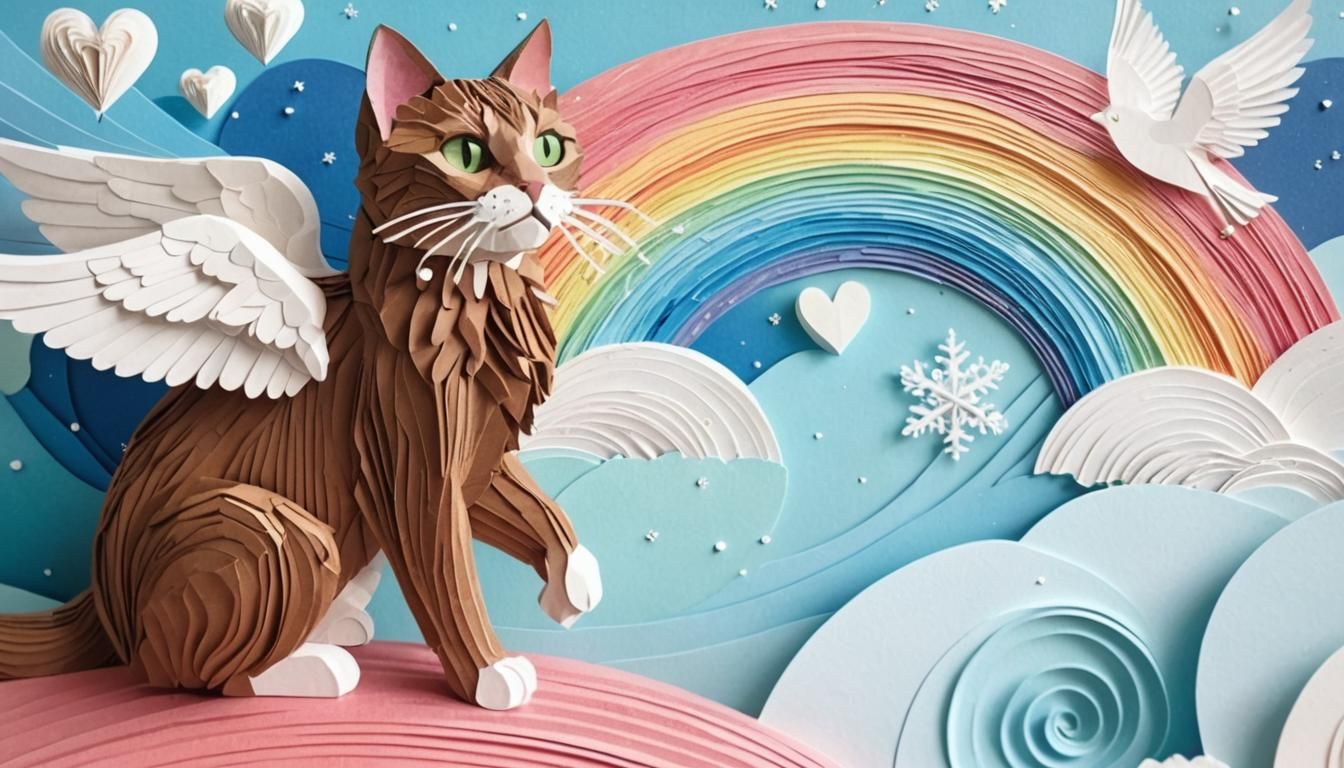 Brown Tabby Cat with Wings in Paper Cutout Style