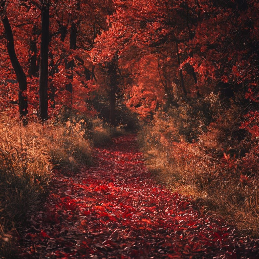 Sunlit Forest Path in Autumn Foliage