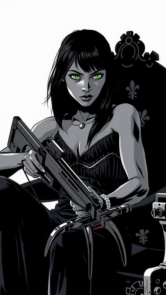 Monochrome Graphic Novel Portrait of Woman with Crossbow