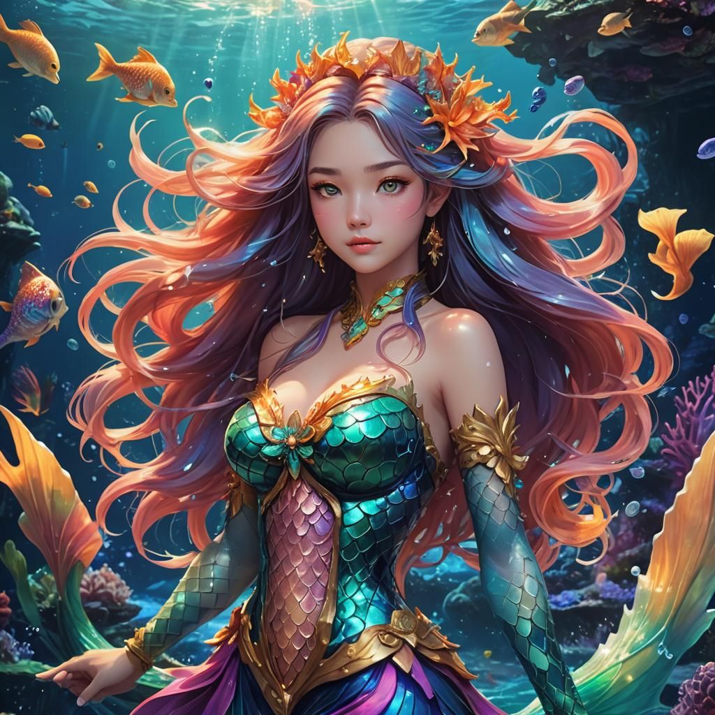 Anime Mermaid in Fantasy Art Nouveau Style