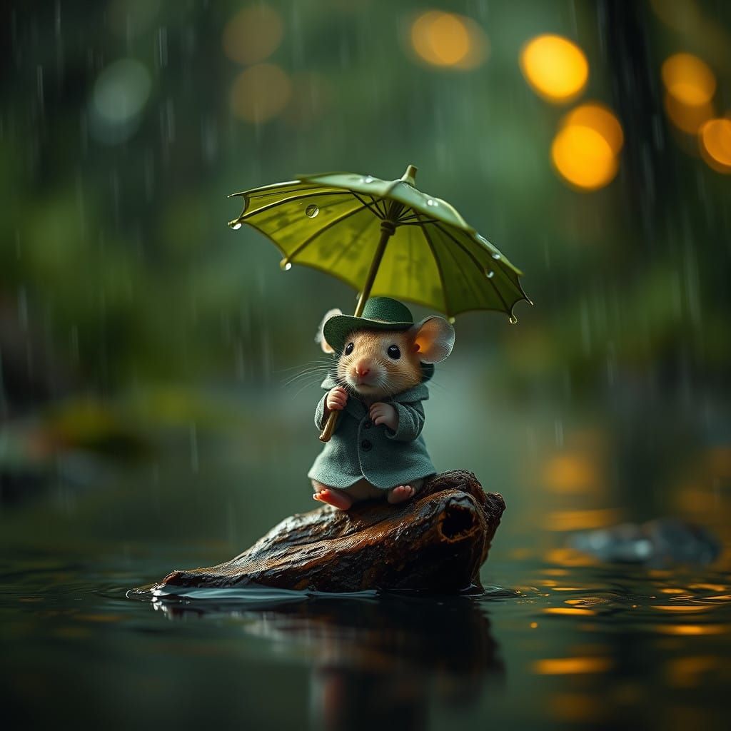 Surreal Mouse in Serene Forest Stream Scene