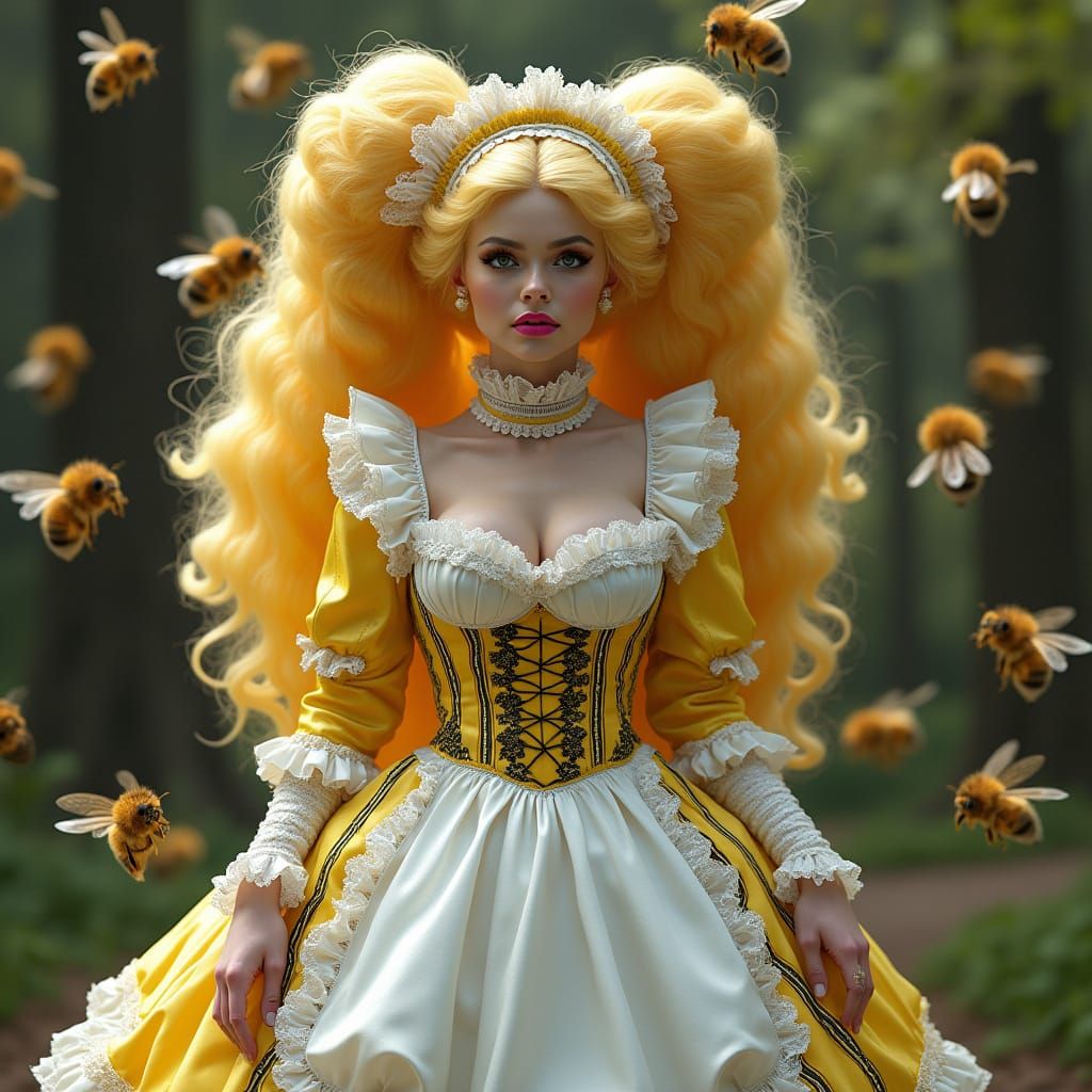French Maid Surrounded by a Swarm of Bees in a Vibrant, Hype...