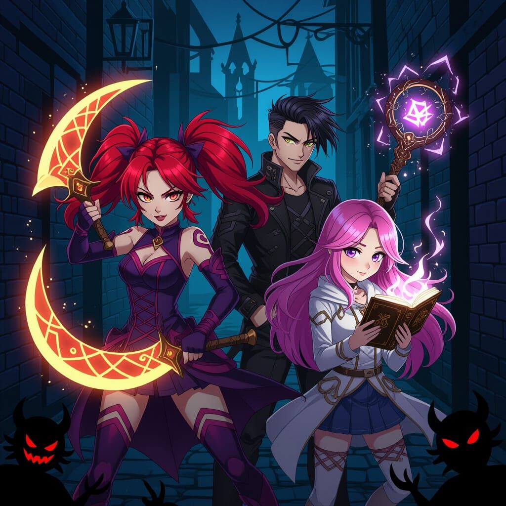 K-Pop Demon Hunters Mira, Roomie, Zoe in Dark Fantasy Style