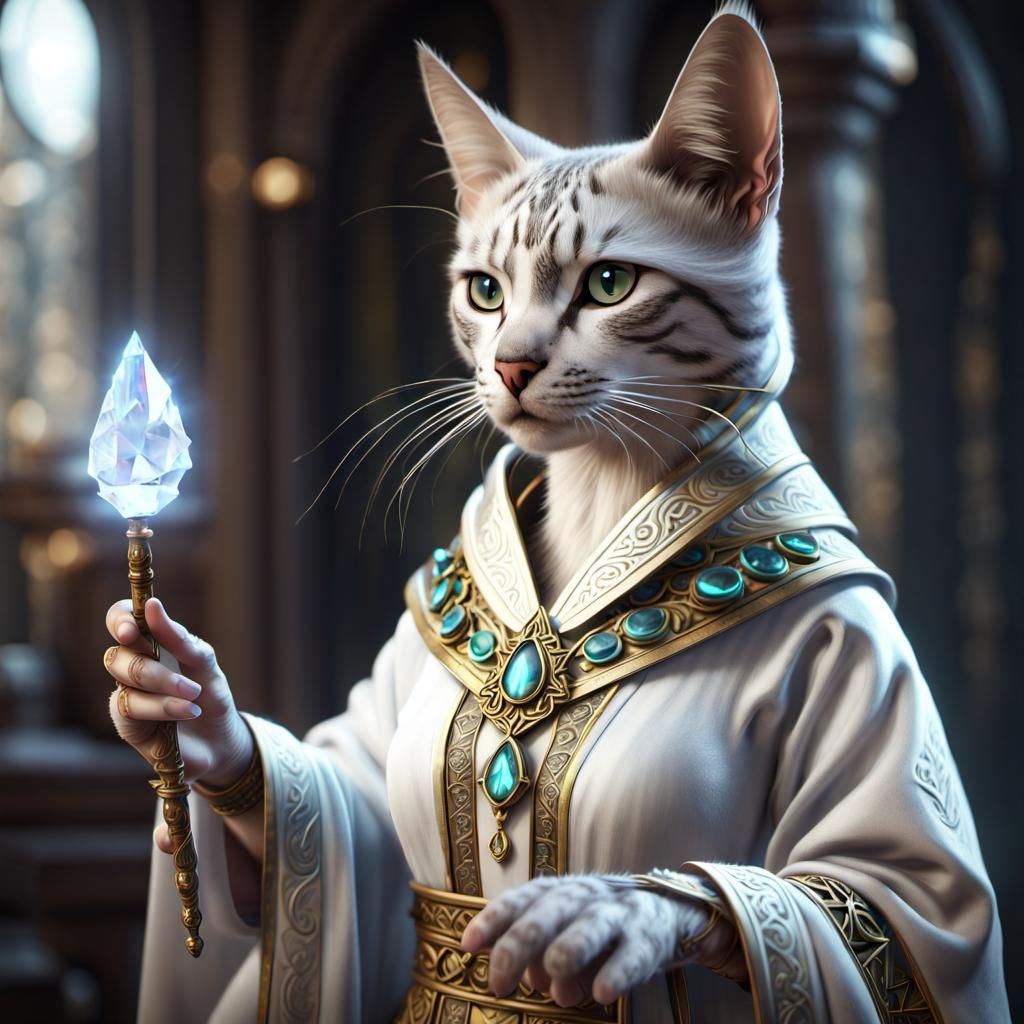 Cat Priestess Conjuring Magic in Digital Art