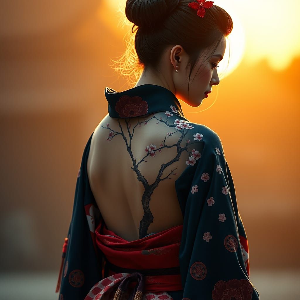 Traditional Japanese Warrior Geisha in Navy, Red, and White ...