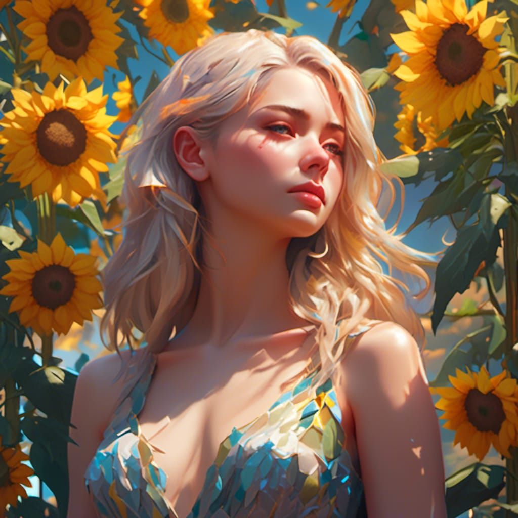 Woman Amongst Sunflowers: Hyperdetailed Portrait