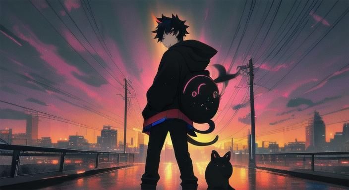 Furry Anime Boy in Cityscape Sunset