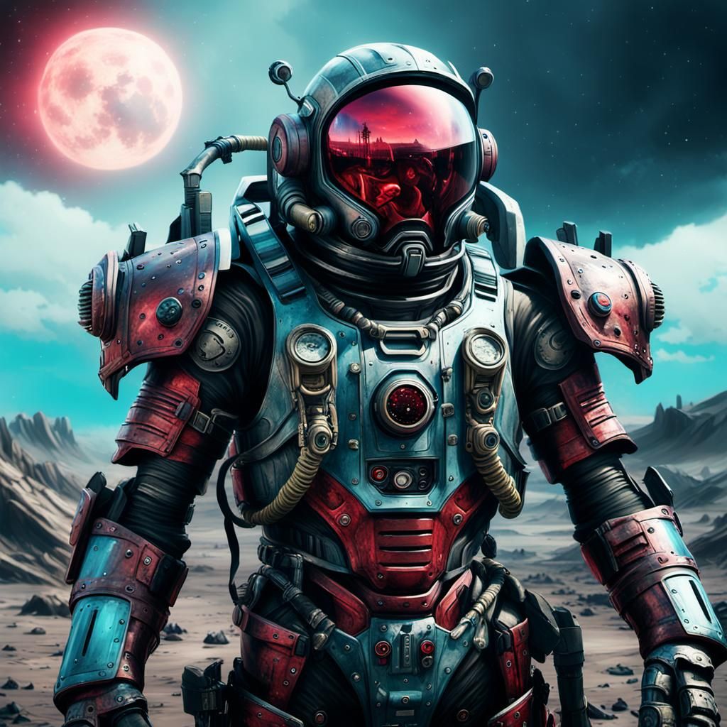 Biomechanical Astronaut in Red Armor, Digital Oil Painting