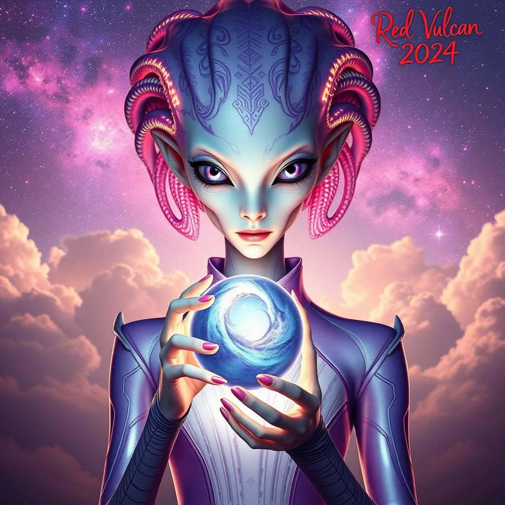 A female alien with human features, with an elaborate, high-...