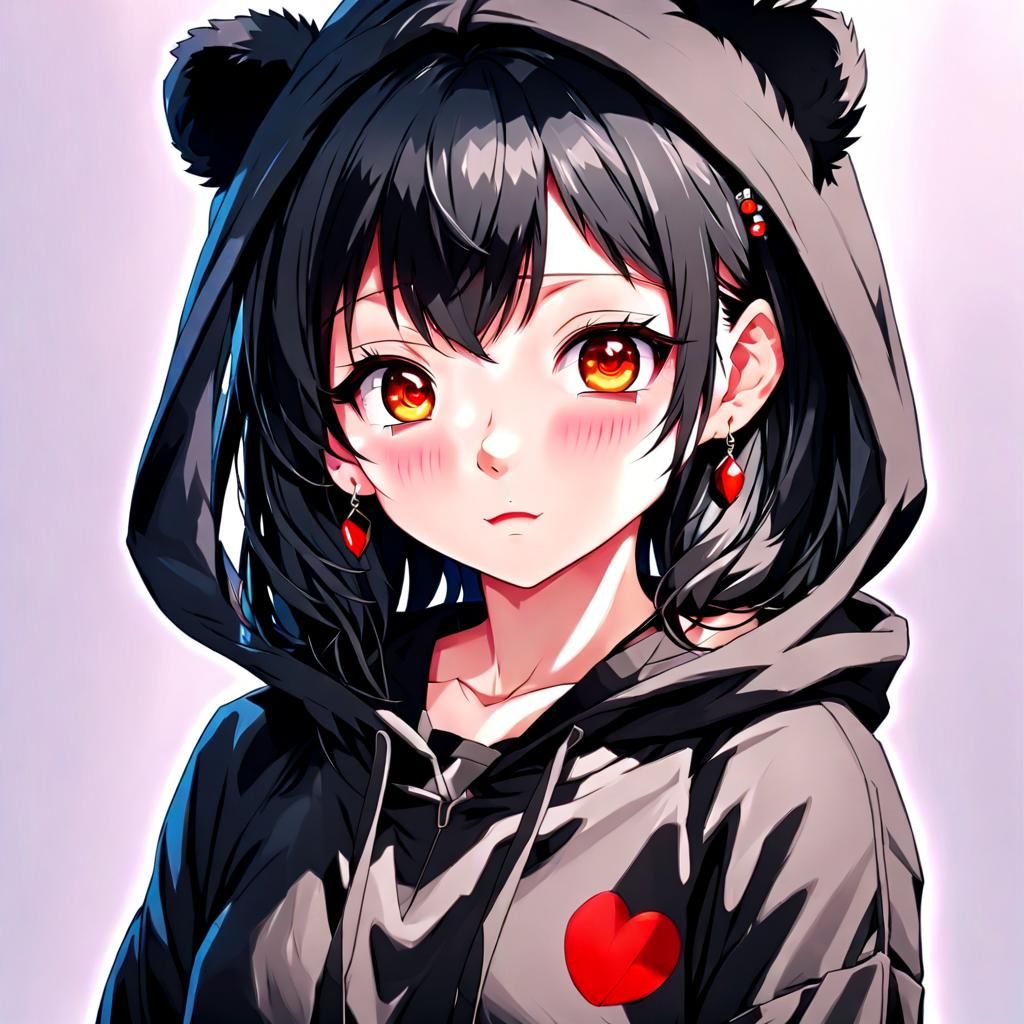 Anime Girl with Bear Ears in Black Hoodie