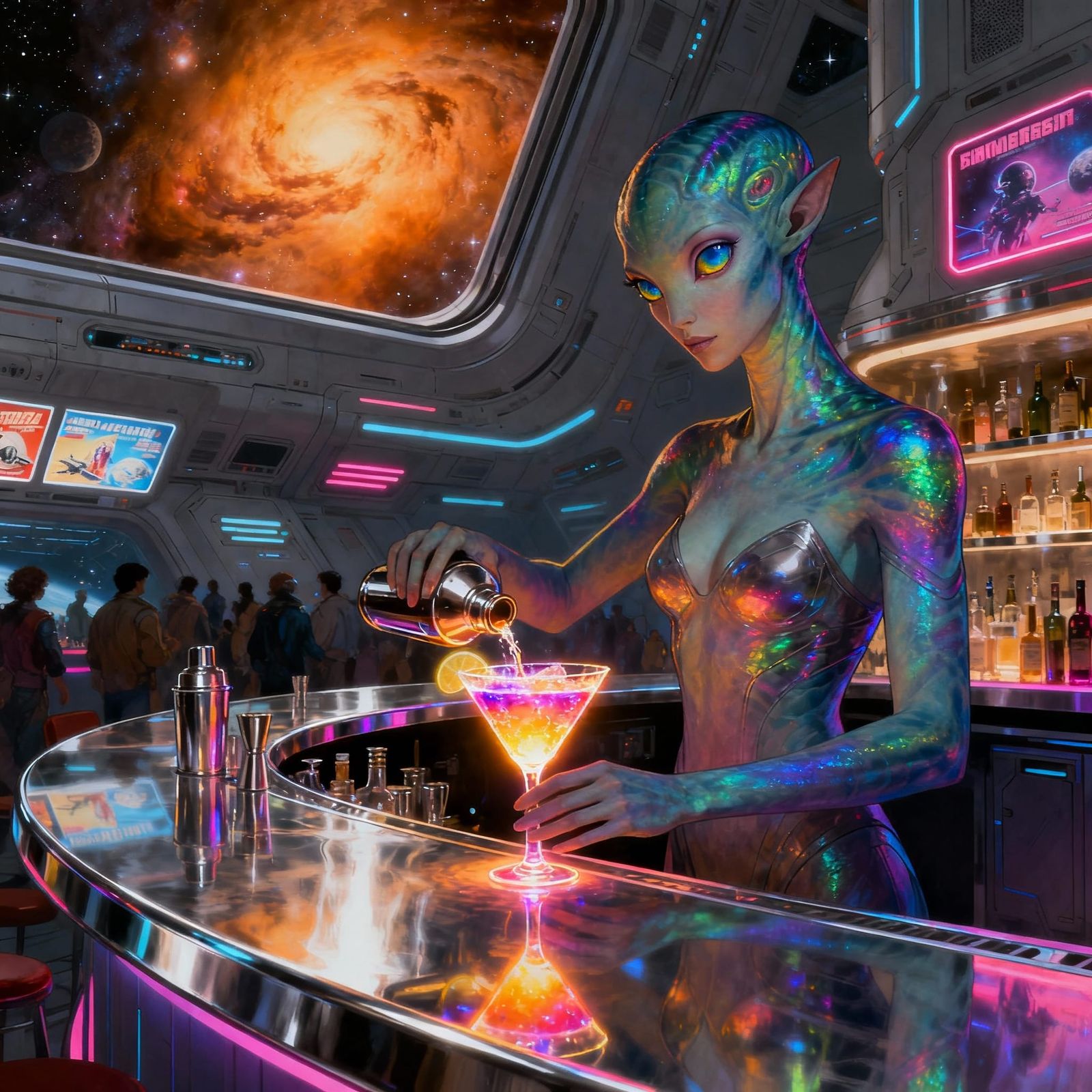 Alien Bartender Serves Glowing Drinks on Space Station